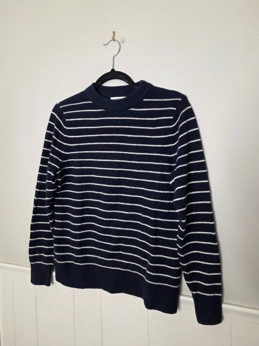 GANNI Navy Blue White Stripe Wool Crewneck Sweater